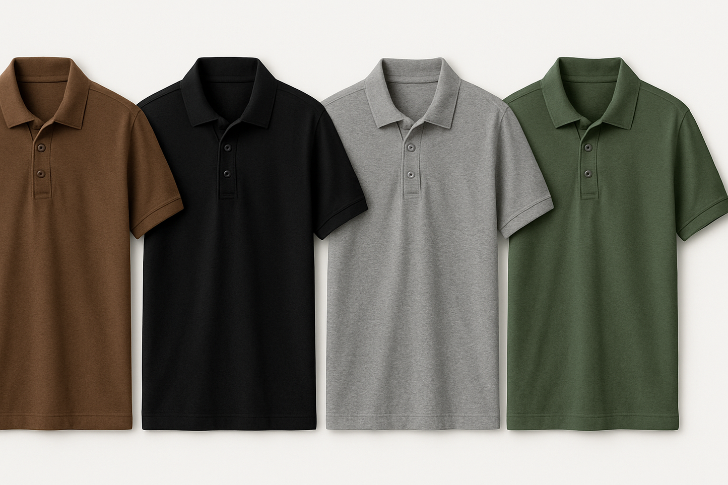 4 POLO SHIRTS IN COLORS BROWN, BLACK, HEATHER GREY AND JEEP GREEN