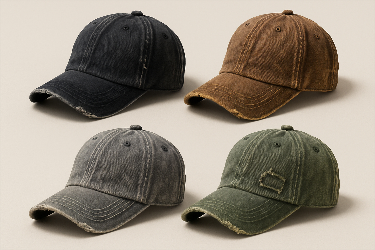 BASEBALL CAPS WORN JEAN MATERIAL IN BLACK,BROWN, GREY AND JEEP GREEN