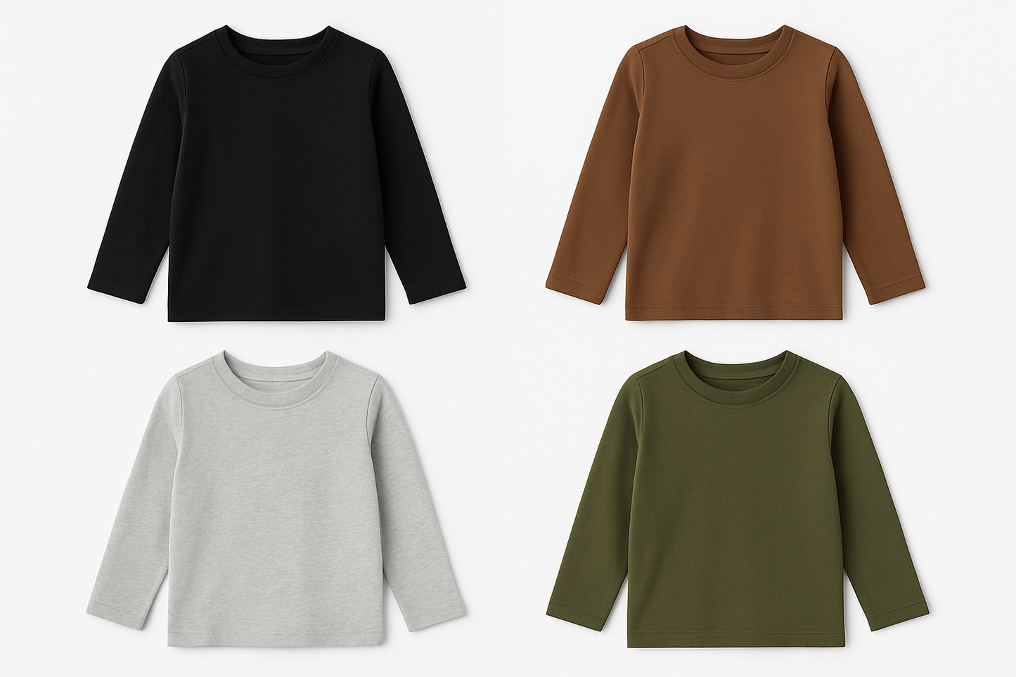 CHILDRENS LONG SLEEVE T SHIRT IN BLACK, BROWN, HEATHER GREY AND JEEP GREEN