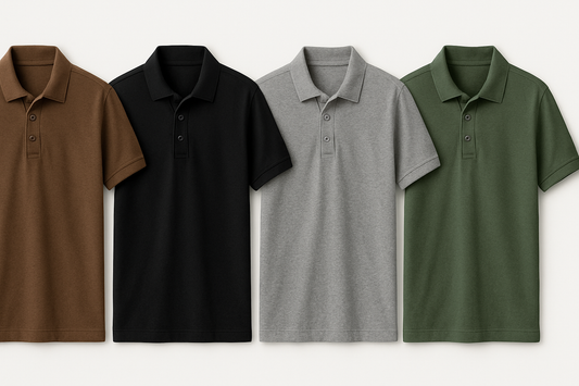 4 POLO SHIRTS IN COLORS BROWN, BLACK, HEATHER GREY AND JEEP GREEN