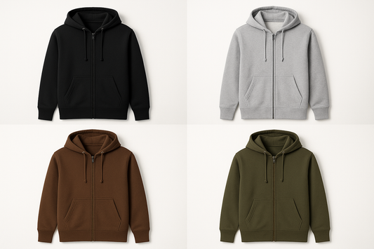 ADULT FULL ZIP HOODIE IN BLACK, HEATHER GREY, BROWN AND JEEP GREEN