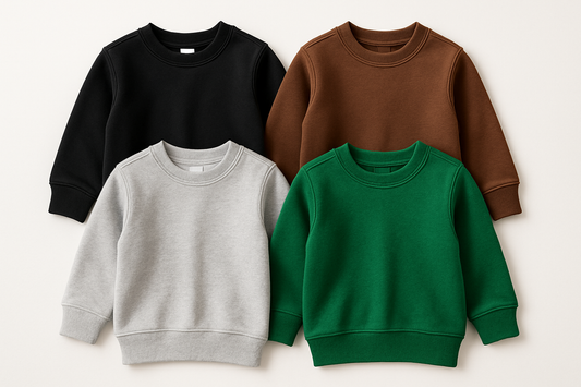 CHILDRENS CREW SWEATSHIRT IN BLACK, BROW, HEATHER GREY, AND JEEP GREEN