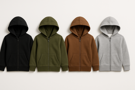 CHILDRENS FULL ZIP HOODIES IN BLACK, JEEP GREEN, BROWN, AND HEATHER GREY