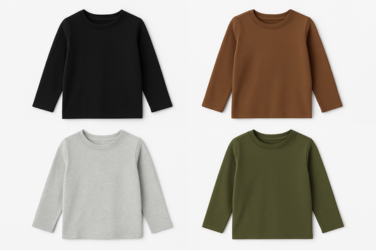 CHILDRENS LONG SLEEVE T SHIRT IN BLACK, BROWN, HEATHER GREY AND JEEP GREEN