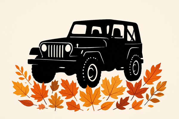 Jeep silhouette with leaves around bottom 