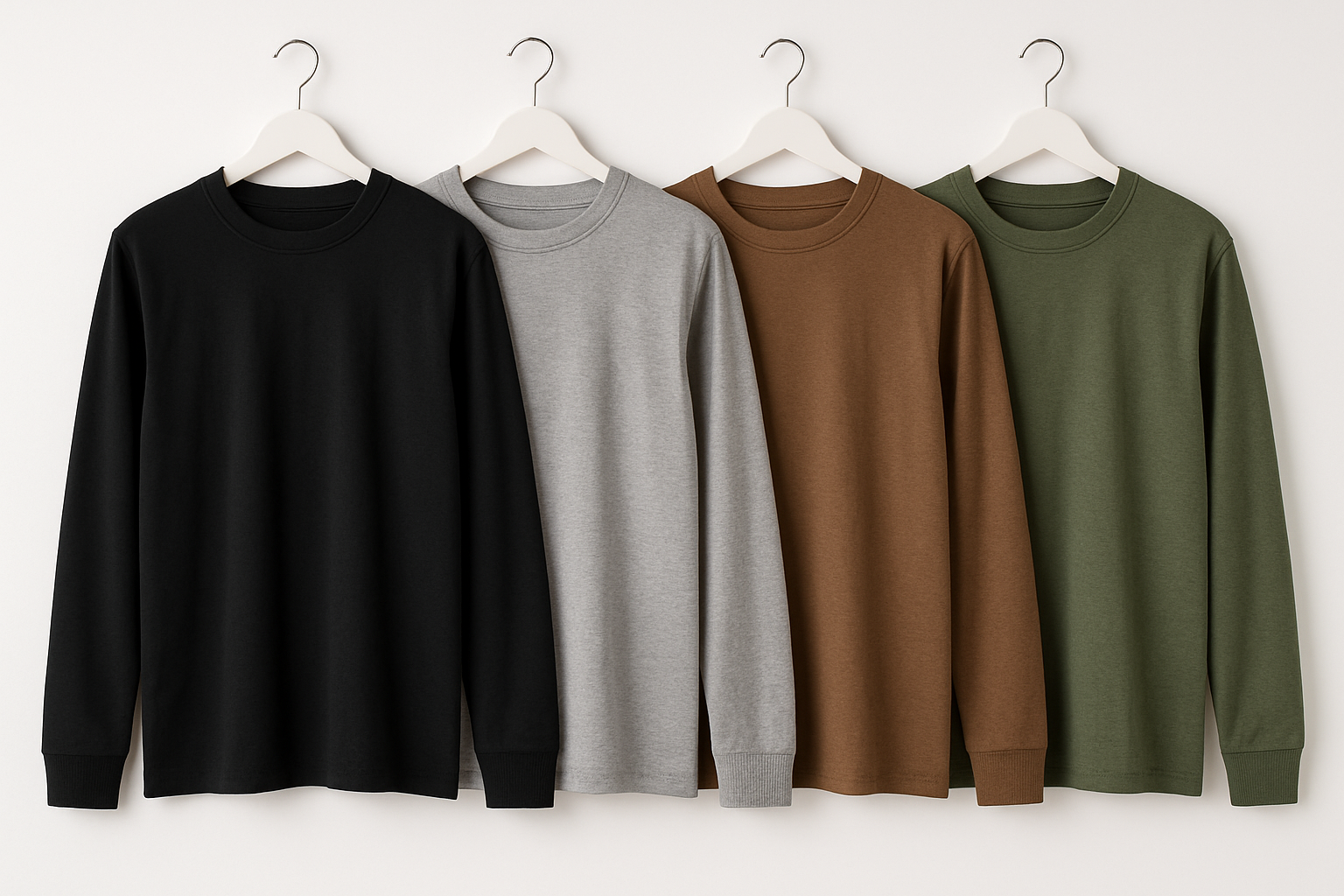 LONG SLEEVE JERSEY T IN BLACK, HEATHER GREY, BROWN AND JEEP GREEN