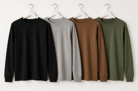 LONG SLEEVE JERSEY T IN BLACK, HEATHER GREY, BROWN AND JEEP GREEN